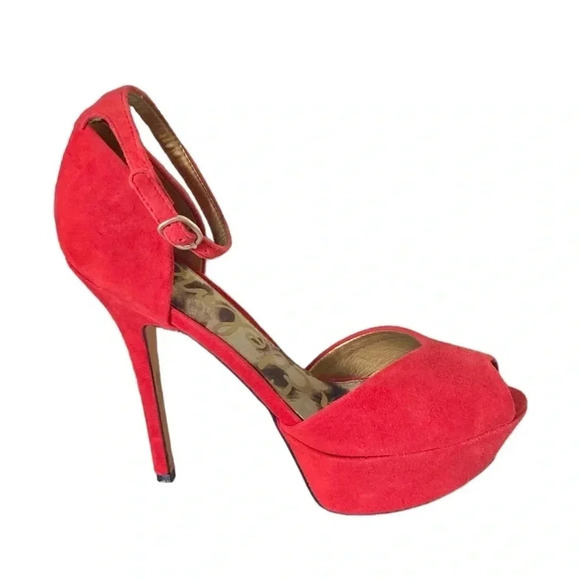SAM EDELMAN | Marina Round Peep Toe Ankle Strap Red Platform Stilettos Size 9M - Picture 4 of 10